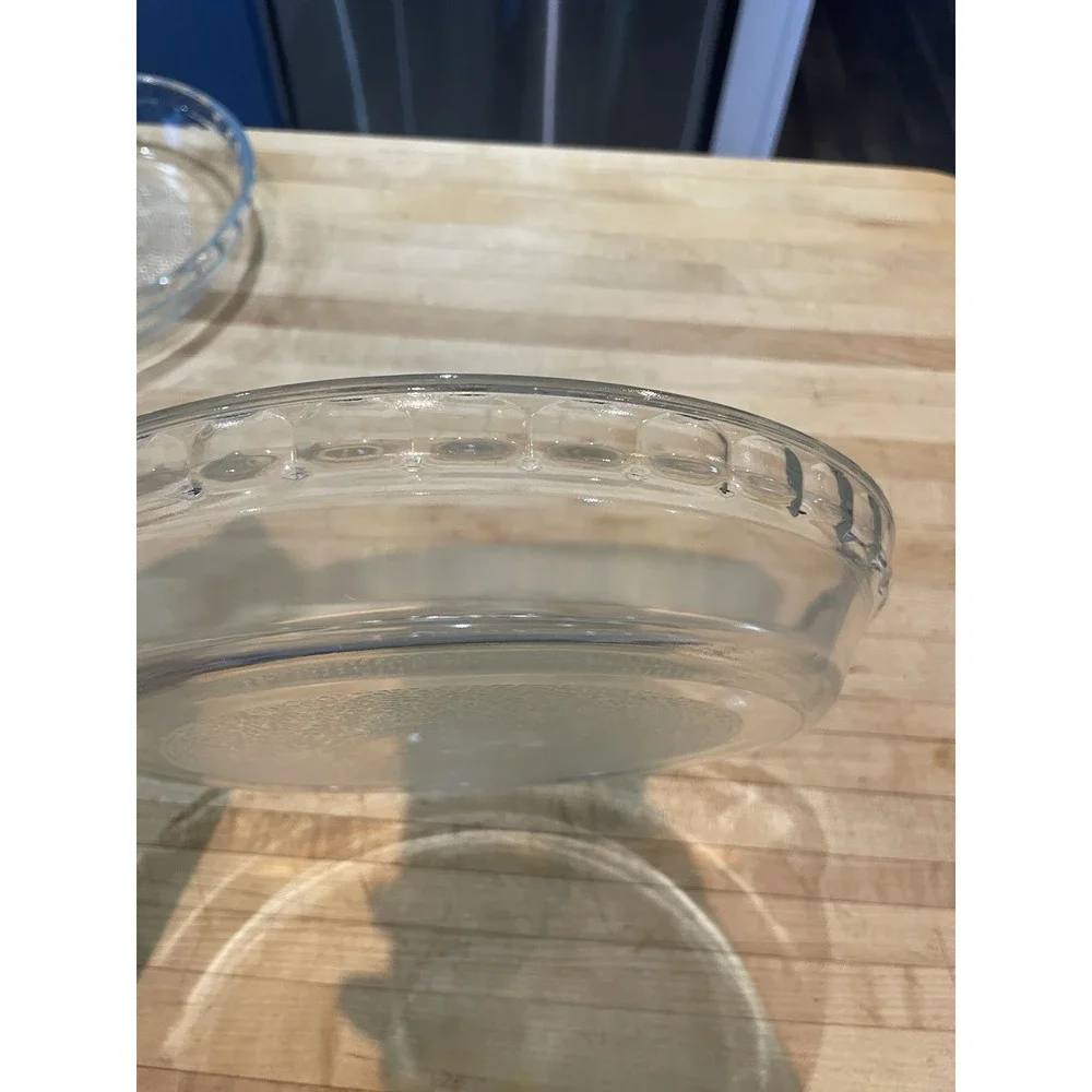 2 Glasbake Clear Glass Pie Plate Textured Bottom Fluted Handles 10
